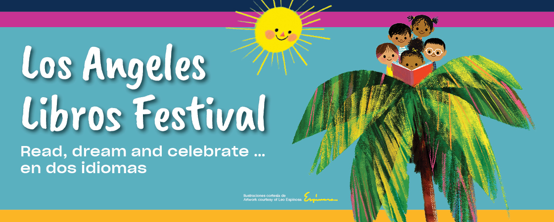 Kids reading a book on top of a palm tree and a smiling sun over a blue sky