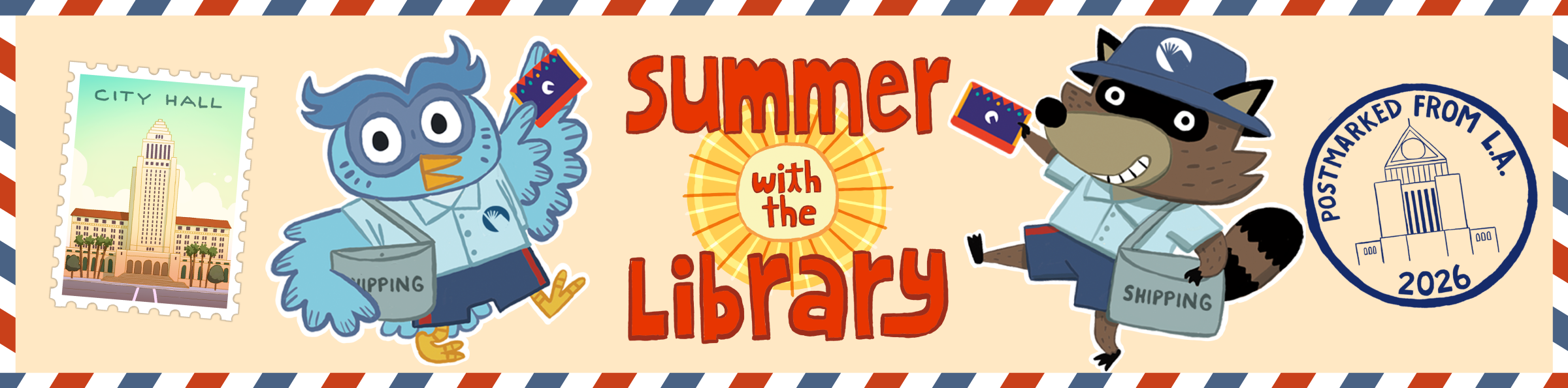 summer reading cartoon of an owl and a raccoon