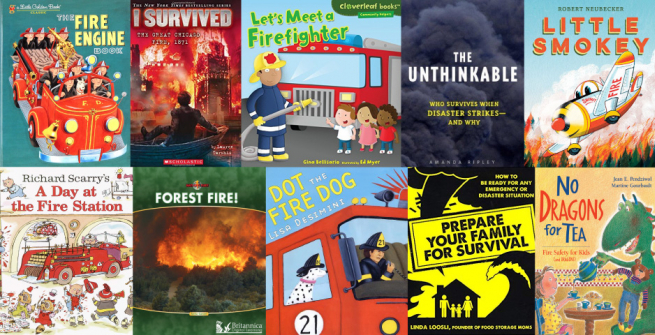 Collage of fire safety books