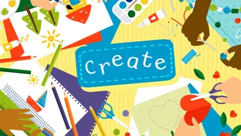Create sign surrounded with art supplies.