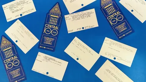 Vintage catalog cards and bookmarks celebrating Central Library's 100th anniversary