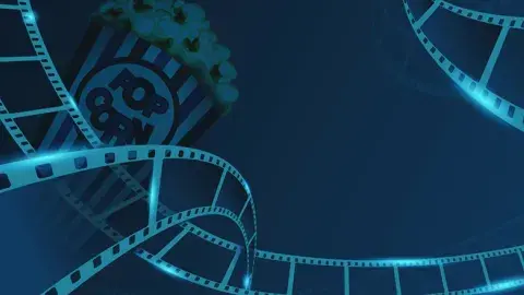 dark blue background with film reels and a bucket of popcorn