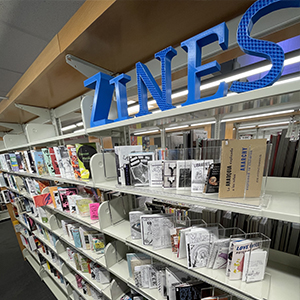 zine collection on a bookshelf